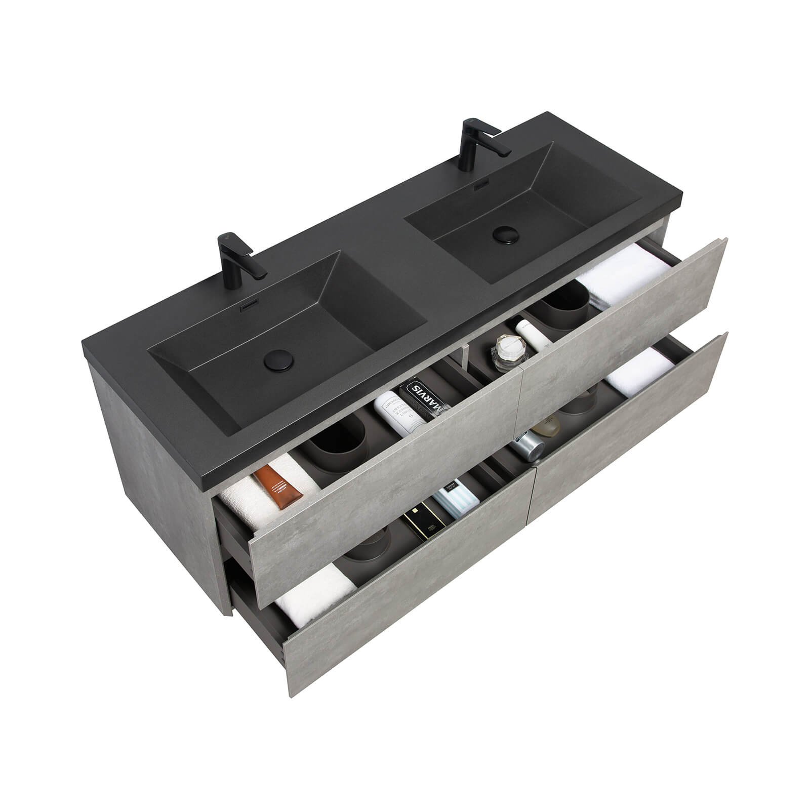 Modern 60 in floating vanity with sleek ash gray finish and black sink