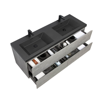 Modern 60 in floating vanity with sleek ash gray finish and black sink