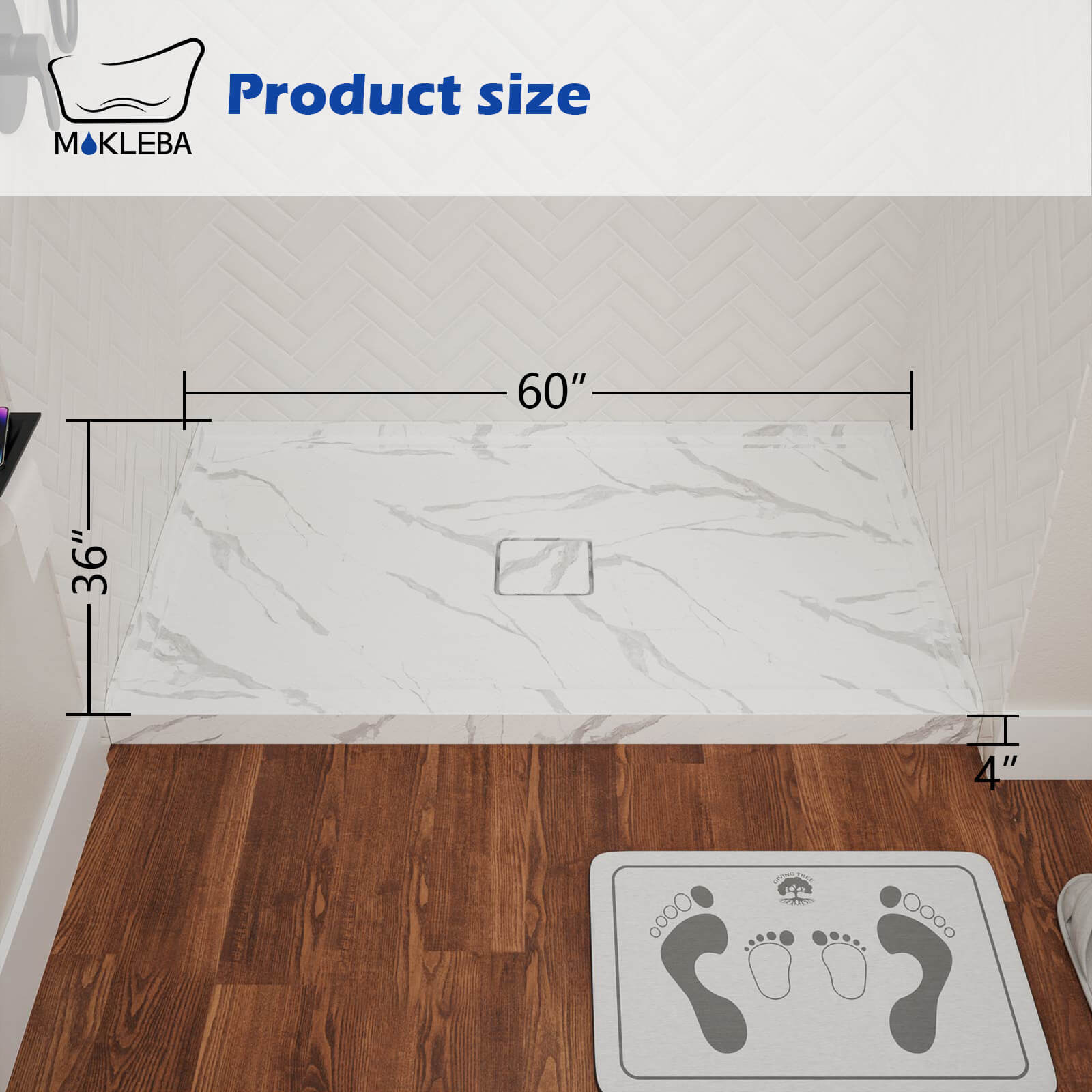 Modern 60 inch shower tray with magnetic drain and marble finish
