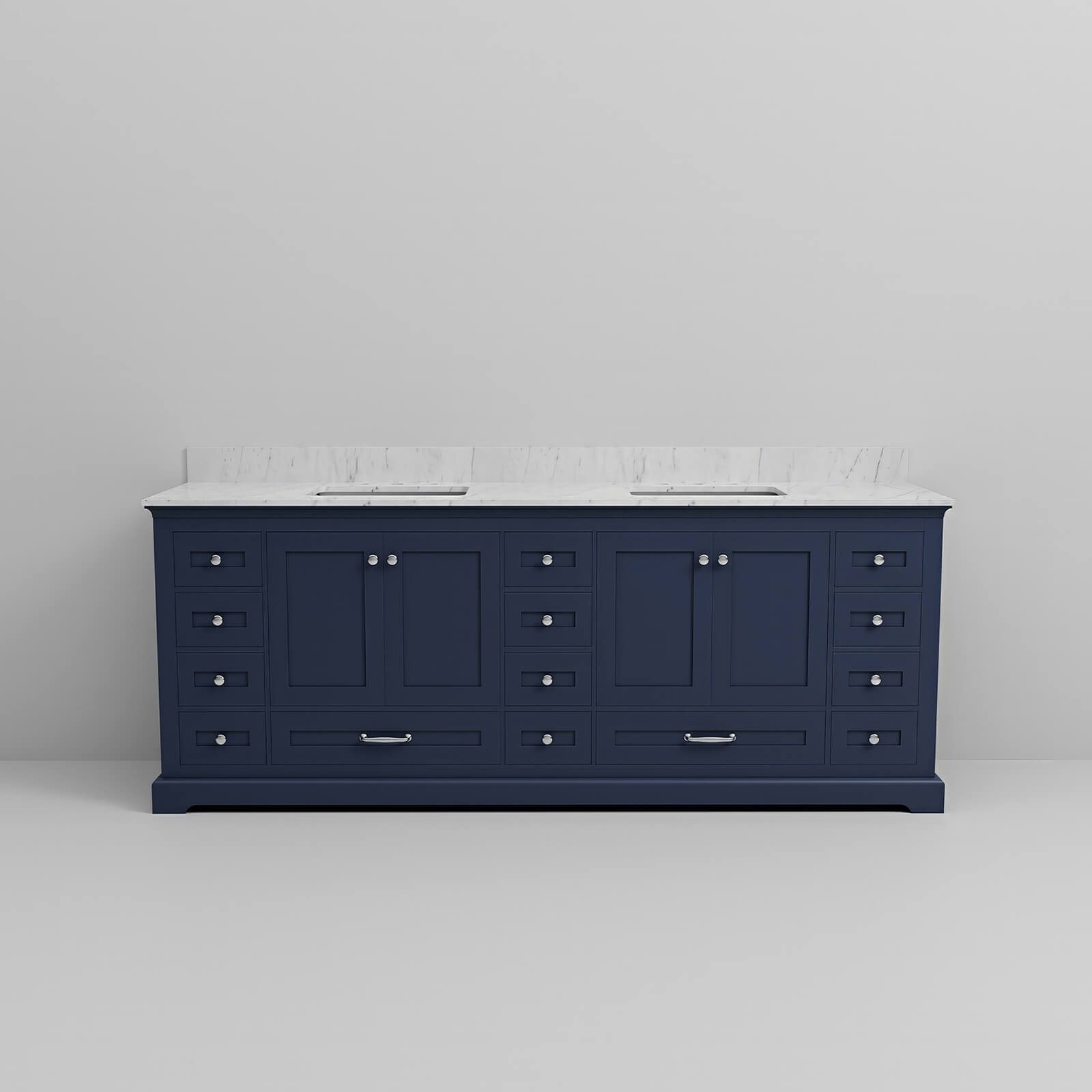 Modern 84 inch blue bathroom vanity with premium Carrara marble countertop