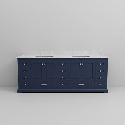 Modern 84 inch blue bathroom vanity with premium Carrara marble countertop