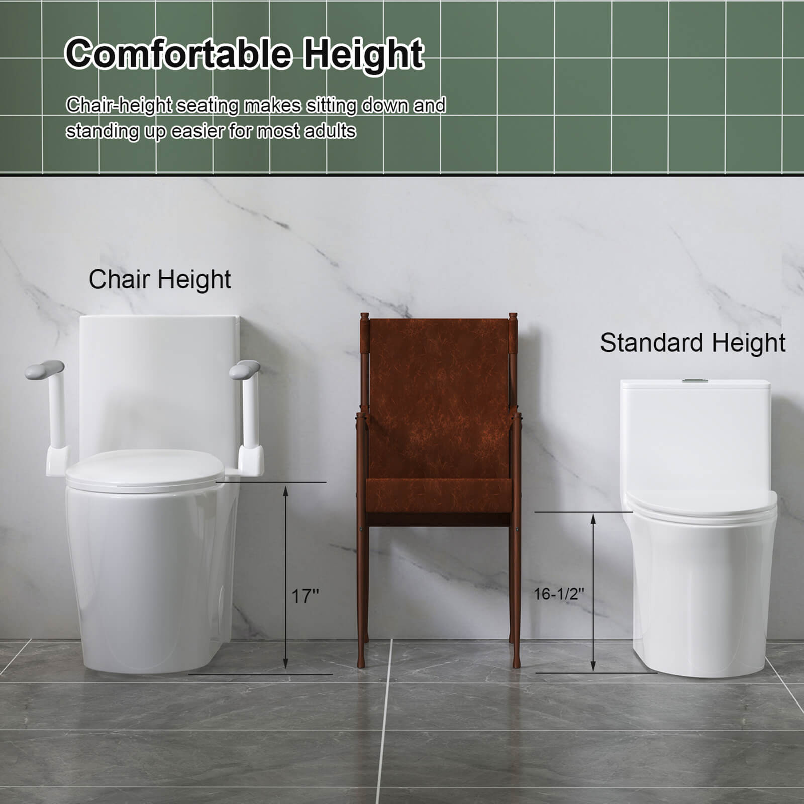 Modern ADA compliant toilet with dual flush and safety grab bars