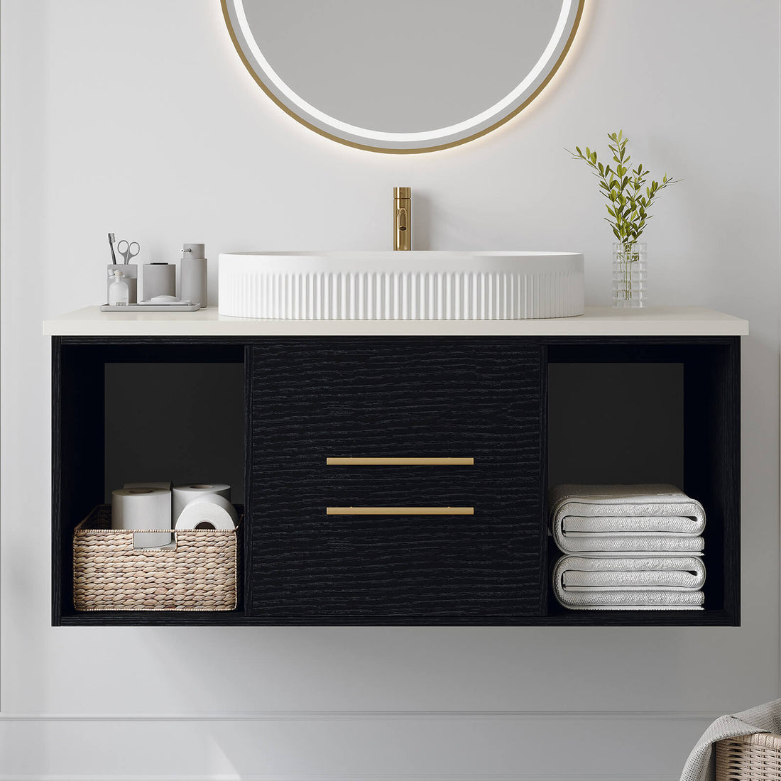Modern black bathroom vanity with ceramic basin