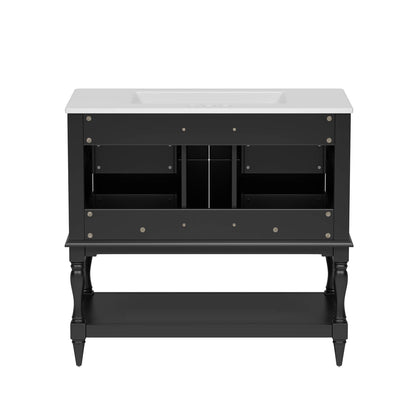 Modern black bathroom vanity with open shelf and four spacious drawers