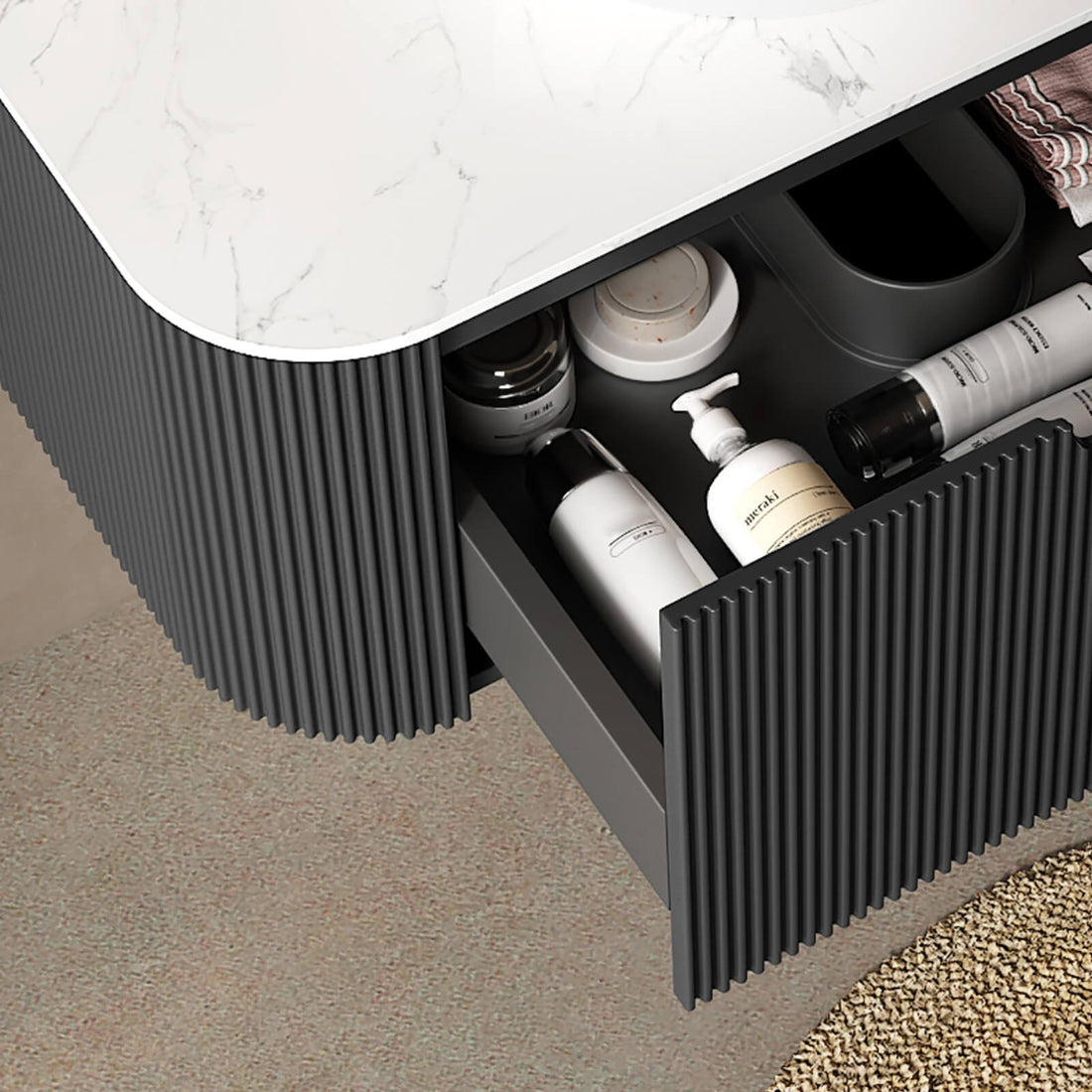 Modern black bathroom vanity with soft close drawers