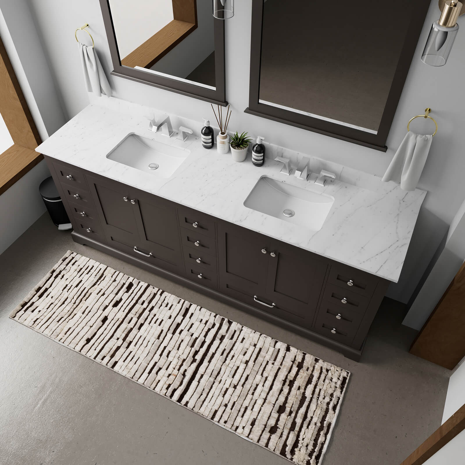 Modern black double bathroom vanity with marble top