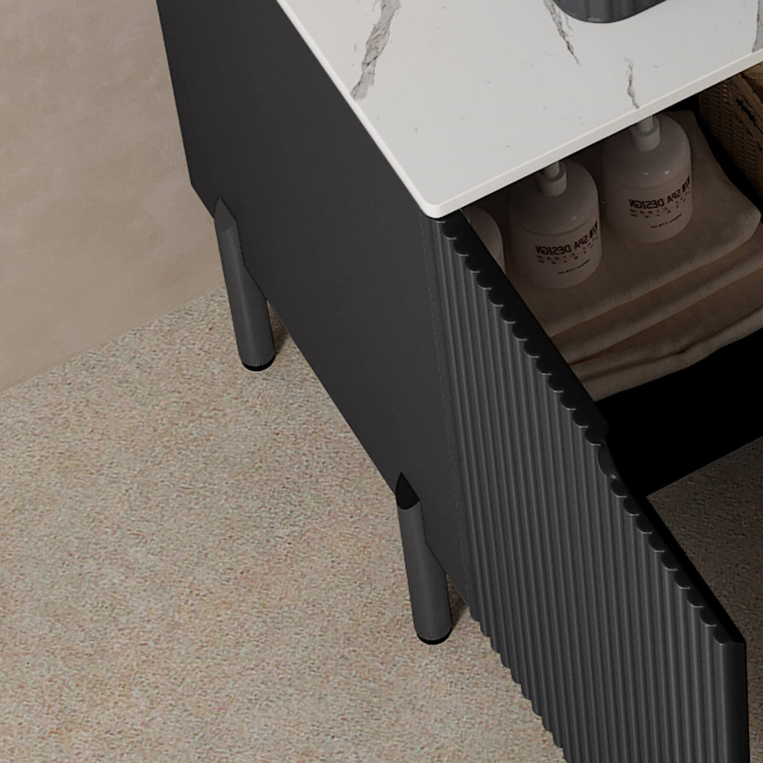 Modern black freestanding vanity with dual doors and soft close hinges