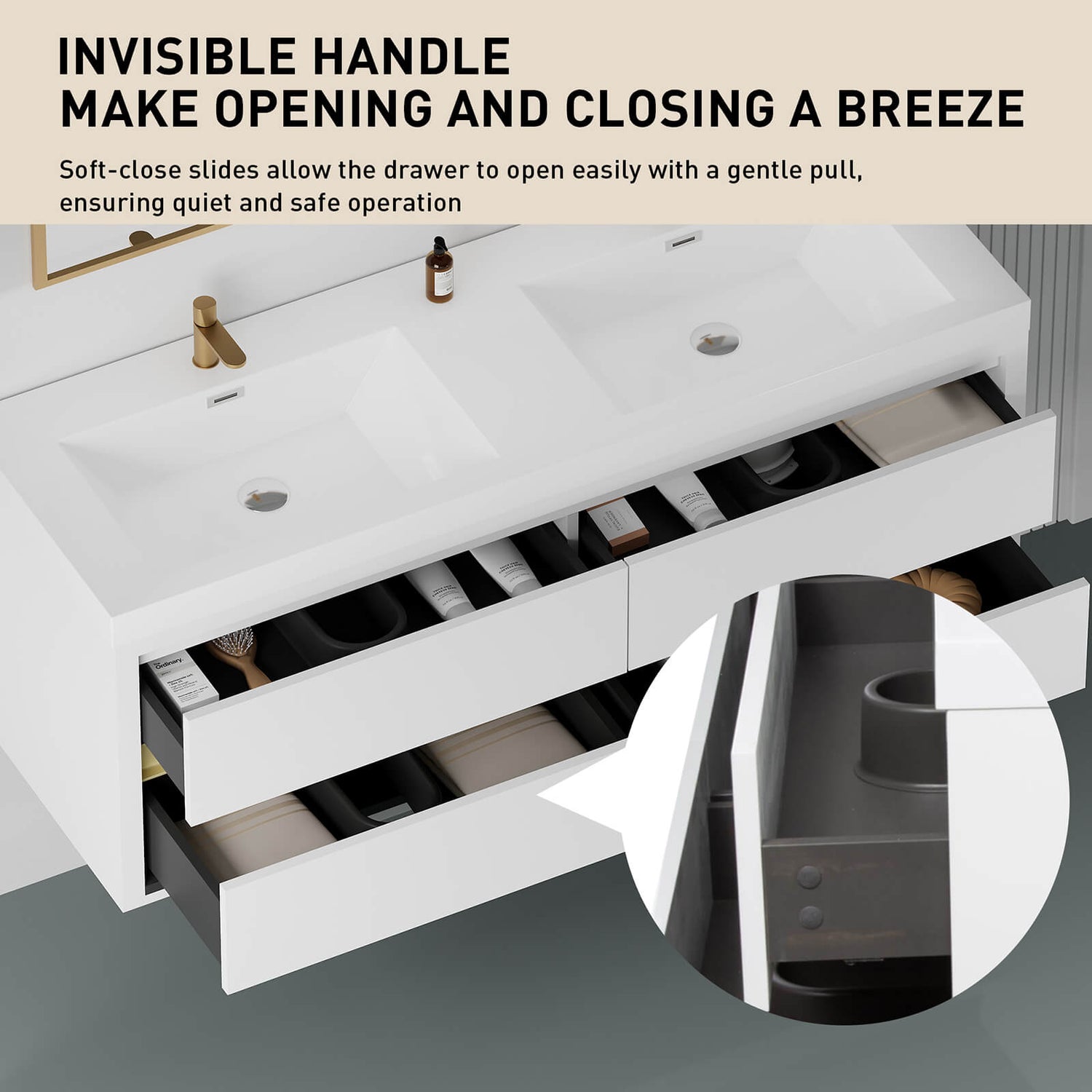 Modern double sink vanity 60 in with U shaped drawers and hidden gold handles
