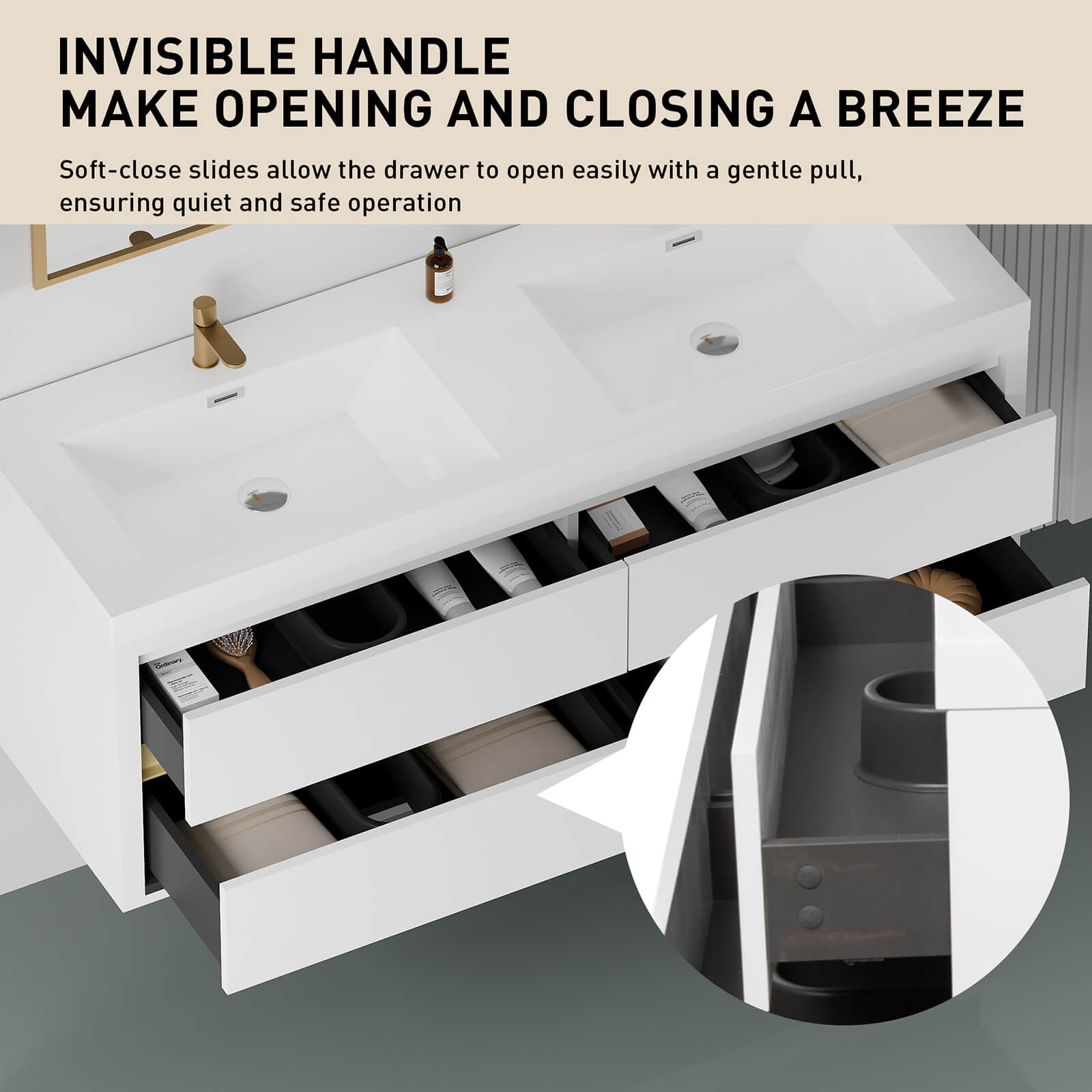 Modern double sink vanity 60 in with U shaped drawers and hidden gold handles