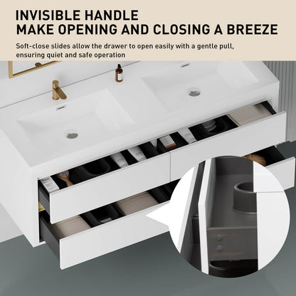 Modern double sink vanity 60 in with U shaped drawers and hidden gold handles