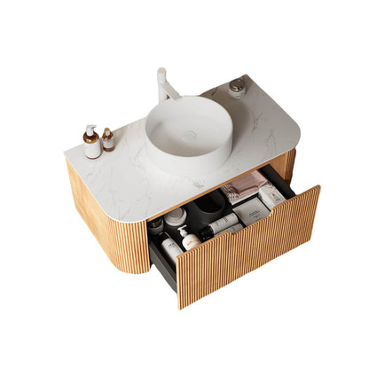 Modern floating vanity with ceramic vessel sink and waterproof engineered marble countertop