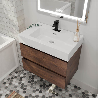 30&quot; Walnut Wall-Mounted Bathroom Vanity Unit