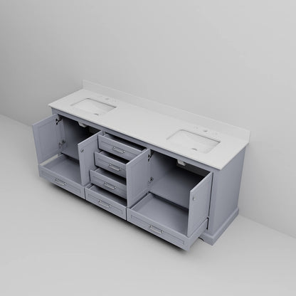 Modern freestanding gray vanity with backsplash and dual sinks