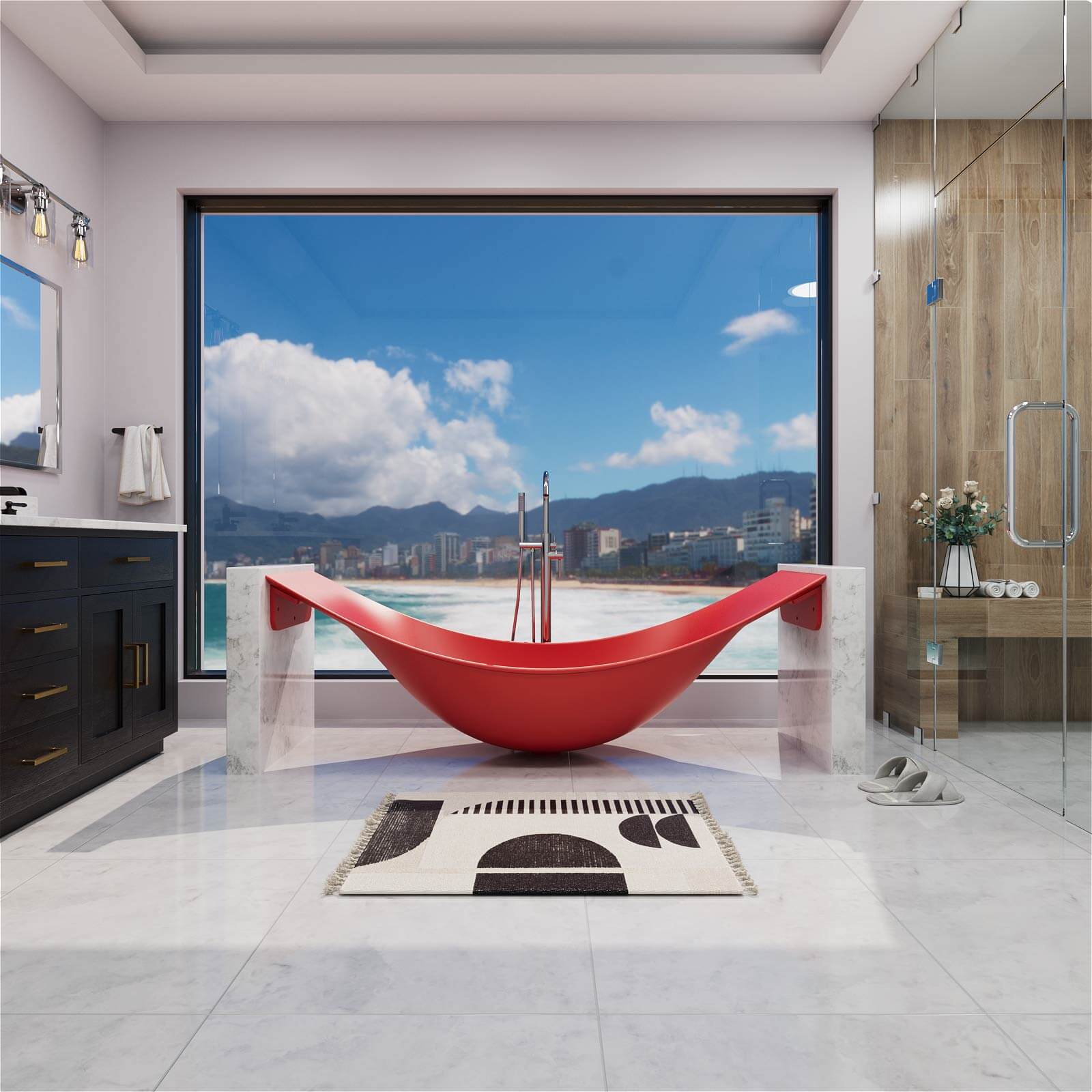 Modern freestanding suspended tub with sculptural design