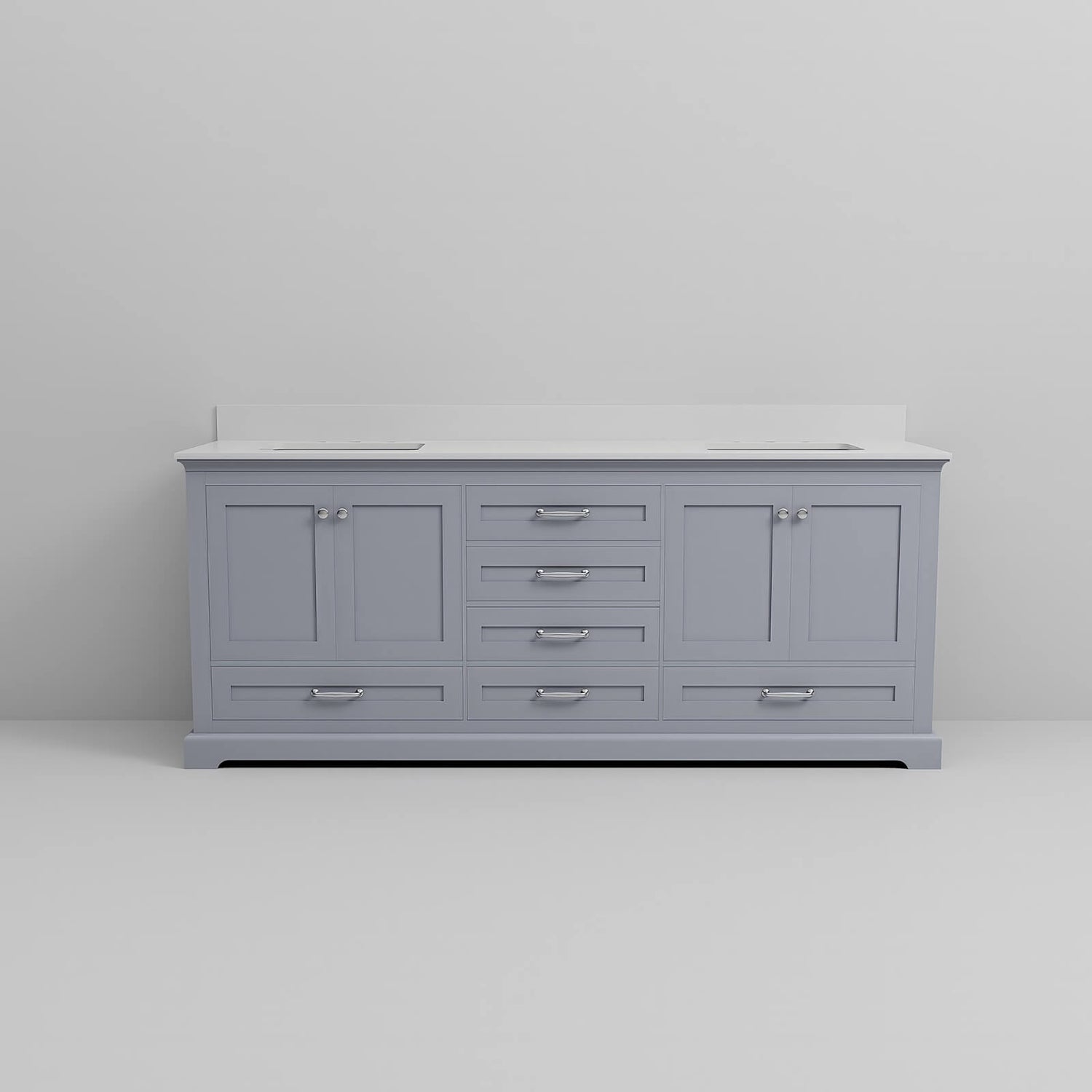 Modern gray bathroom vanity with double sink and spacious storage