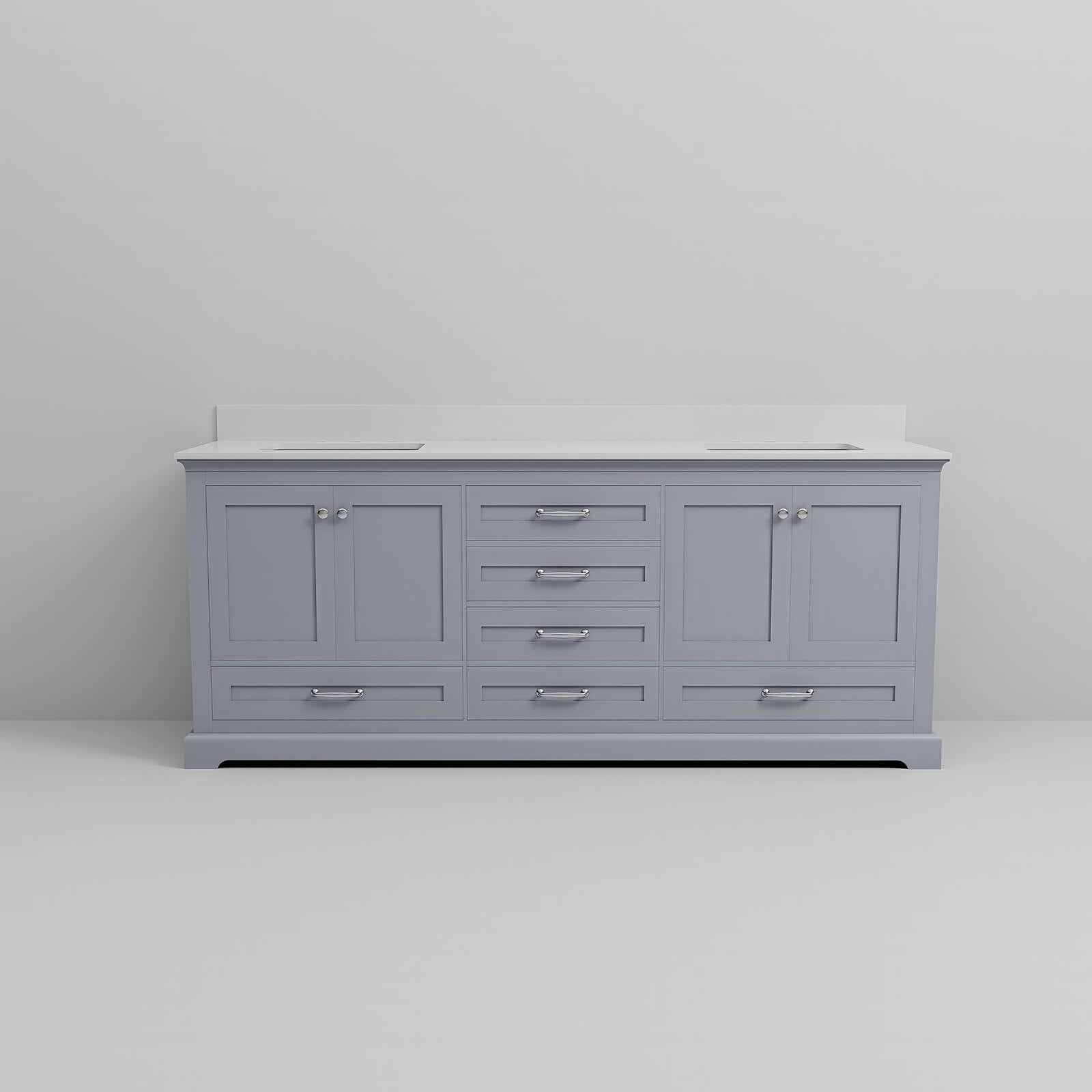 Modern gray bathroom vanity with double sink and spacious storage