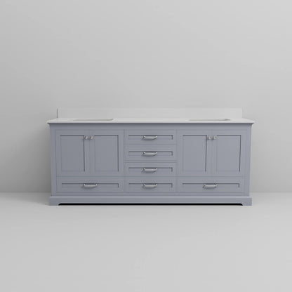 Modern gray bathroom vanity with double sink and spacious storage