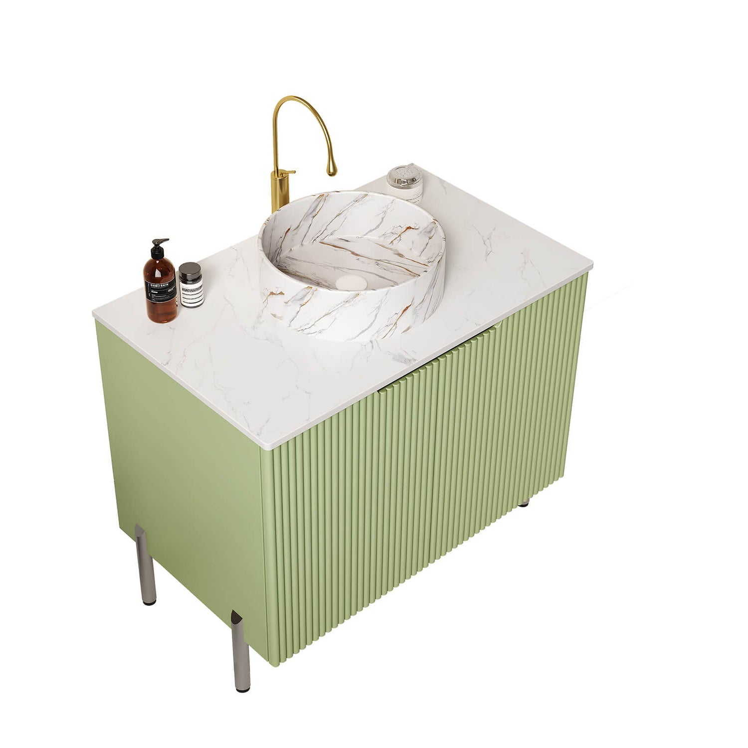 Modern green bathroom cabinet with ivory vessel sink and Carrara look countertop