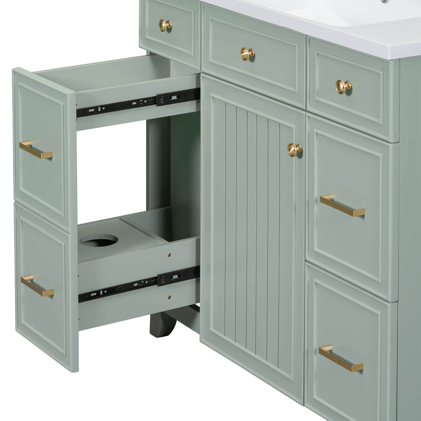 Modern green bathroom vanity with integrated ceramic sink