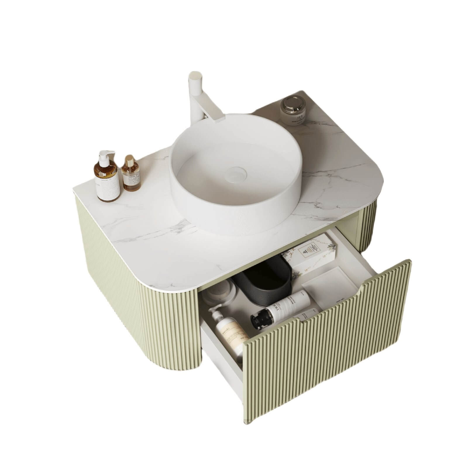 Modern green vanity with white ceramic vessel sink