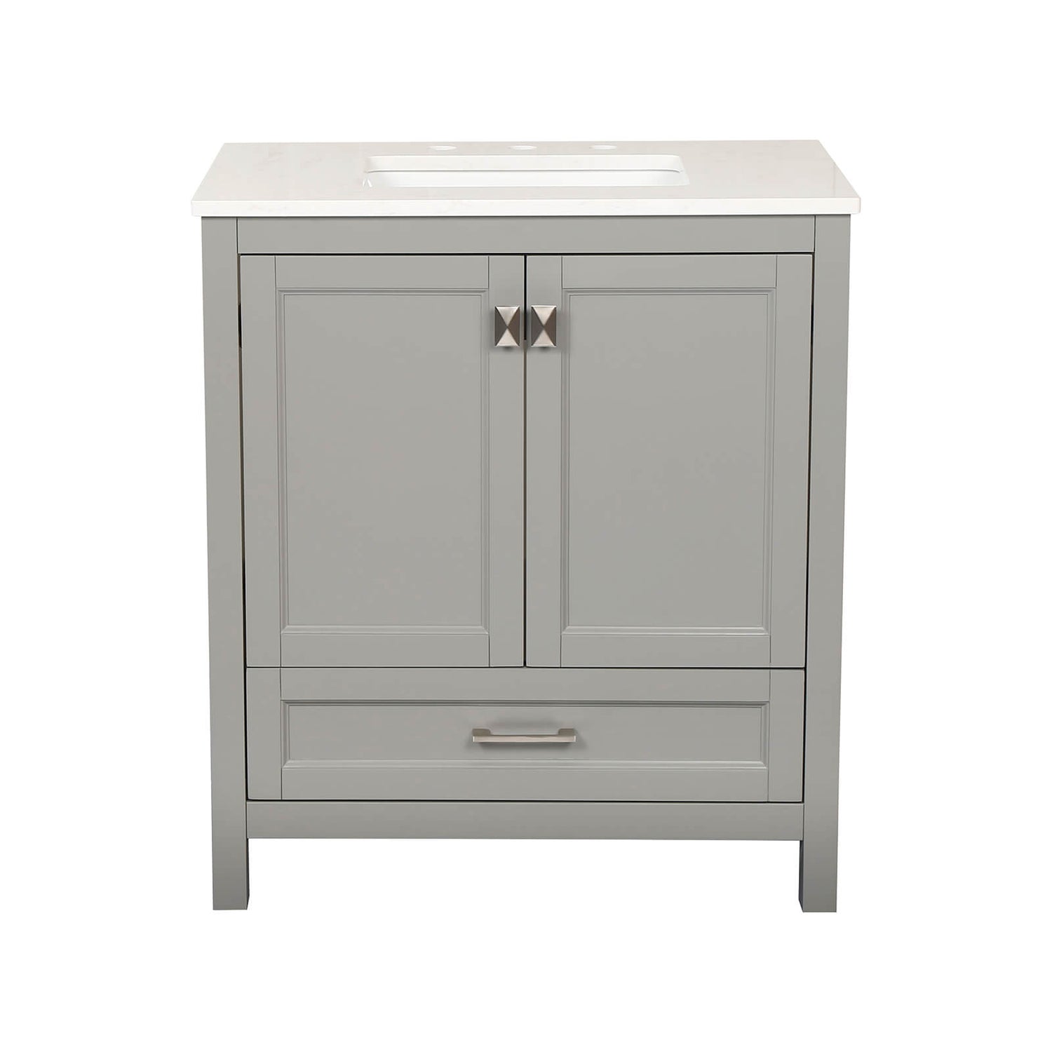Modern grey bathroom vanity with sleek design and soft close system