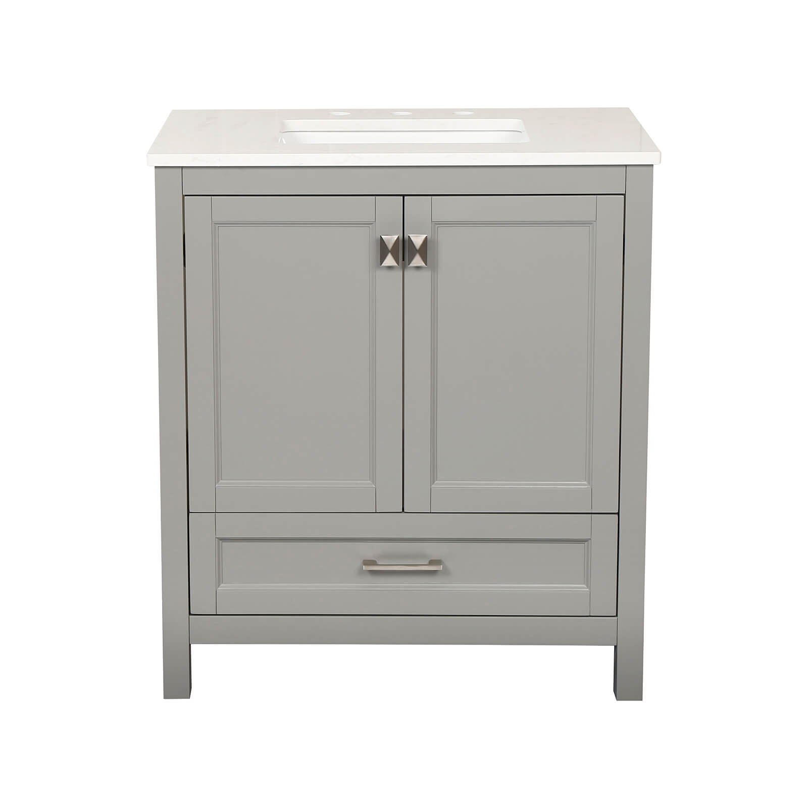 Modern grey bathroom vanity with sleek design and soft close system