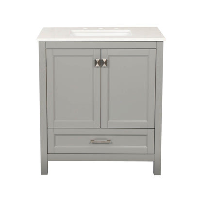Modern grey bathroom vanity with sleek design and soft close system