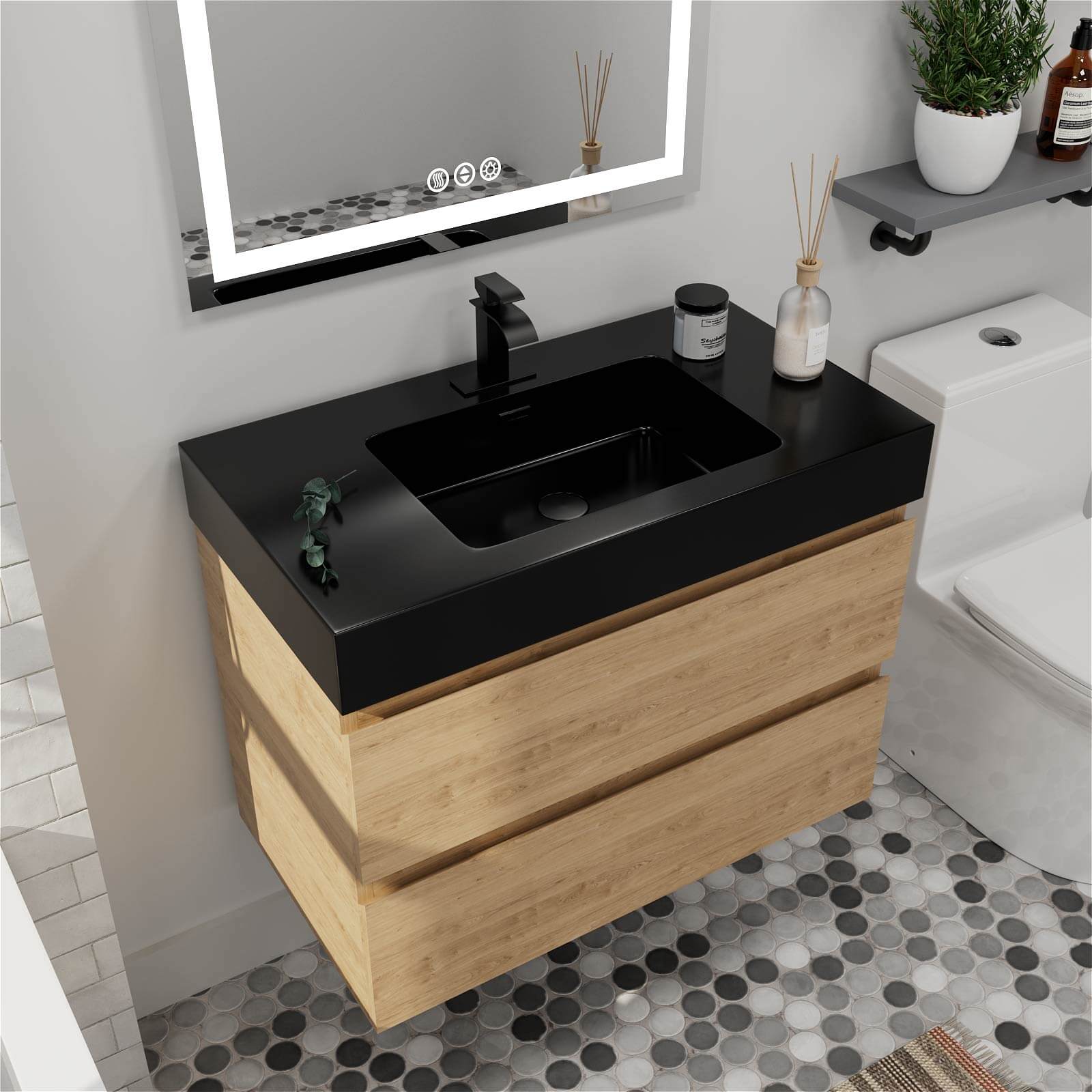 Modern oak bathroom vanity with dual drawers_ offering ample storage space