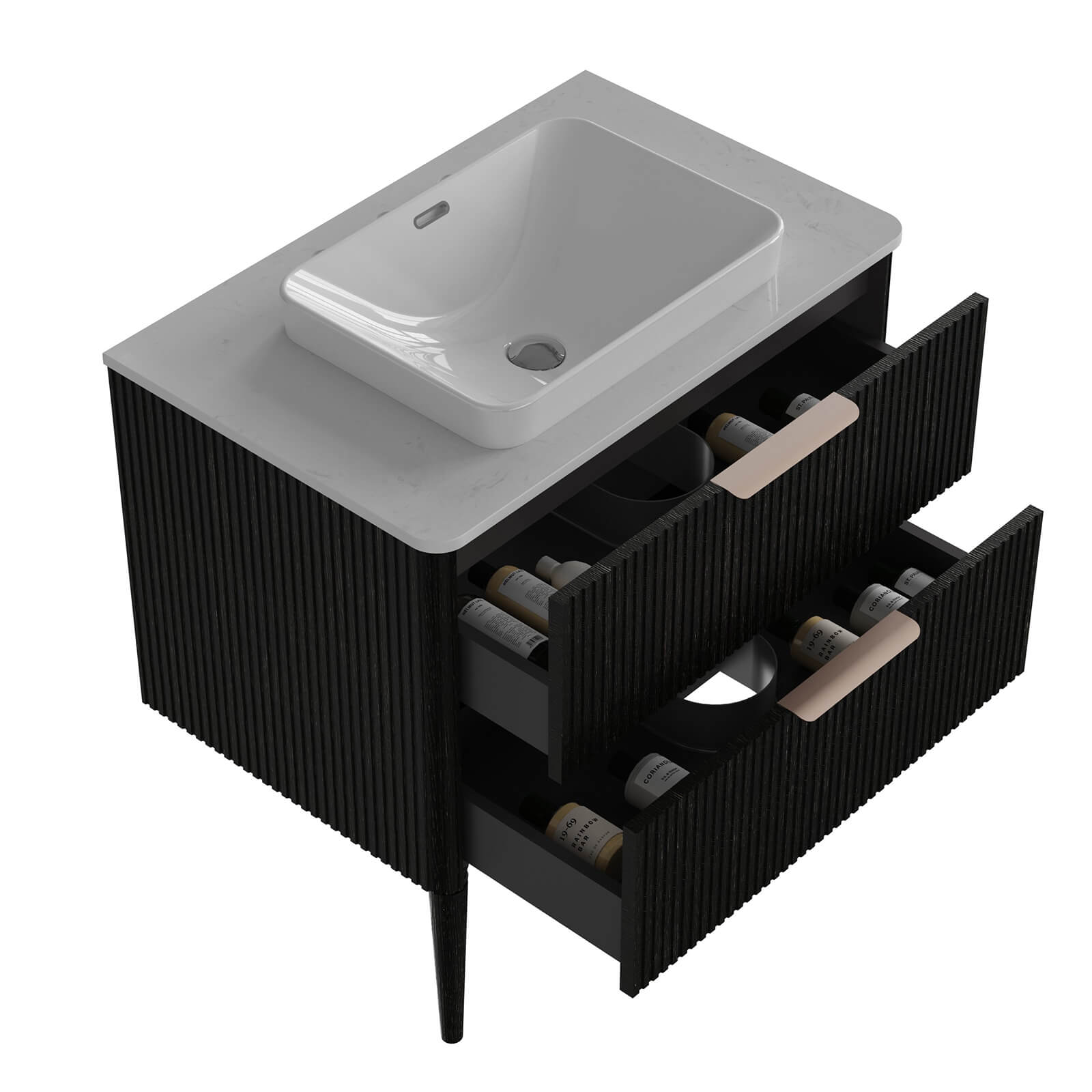 Modern vanity with fluted texture and ceramic sink