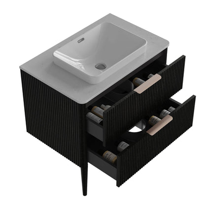 Modern vanity with fluted texture and ceramic sink