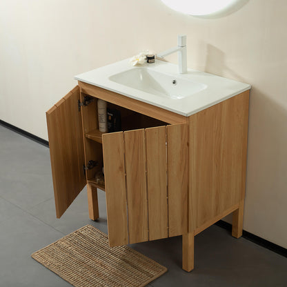 Modern vanity with warm natural wood grain texture