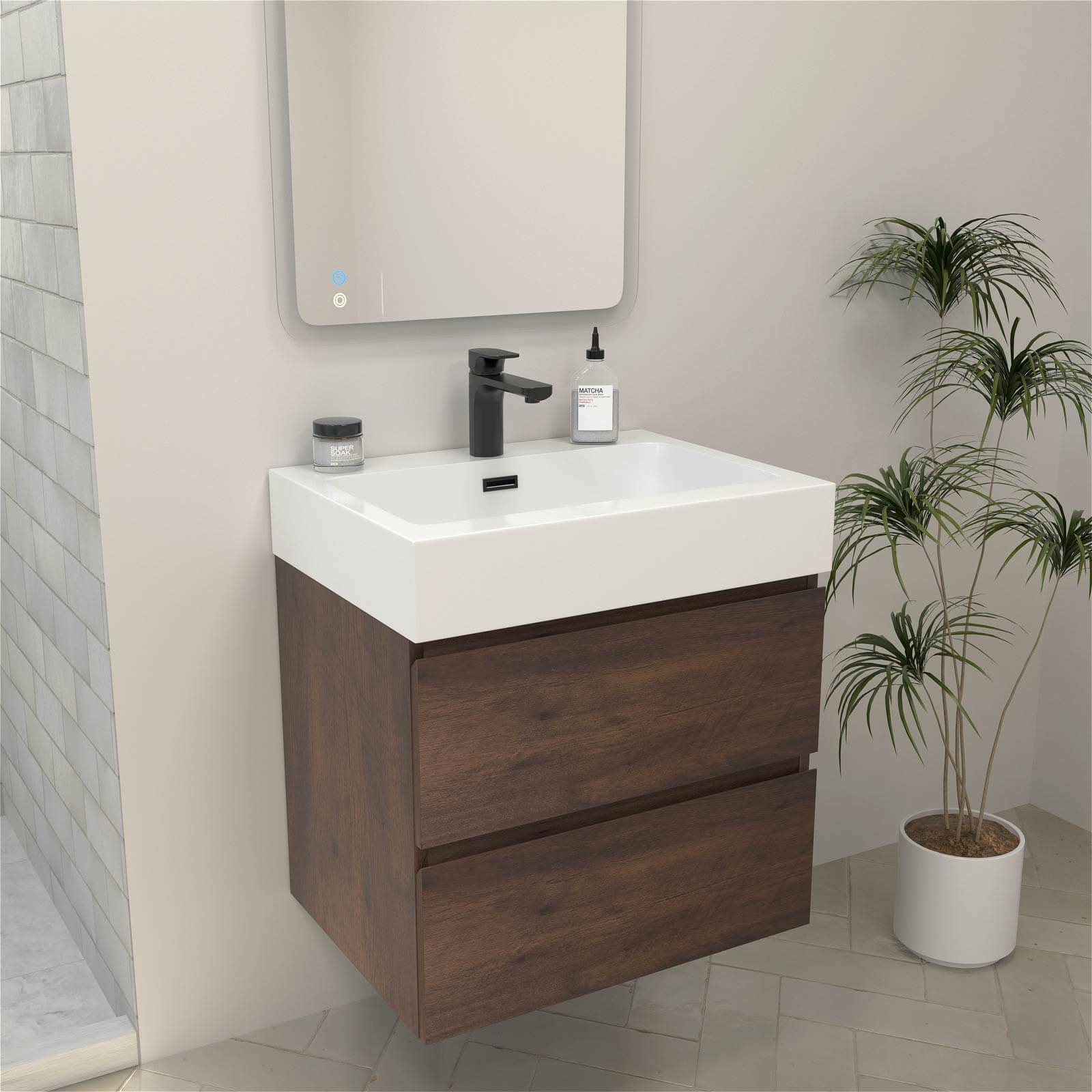 24" Walnut Modern Floating Vanity with 2 Drawers