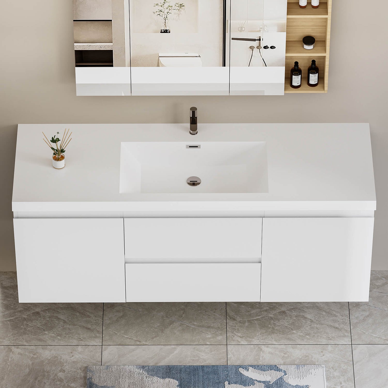 Modern white bathroom vanity with spacious countertop