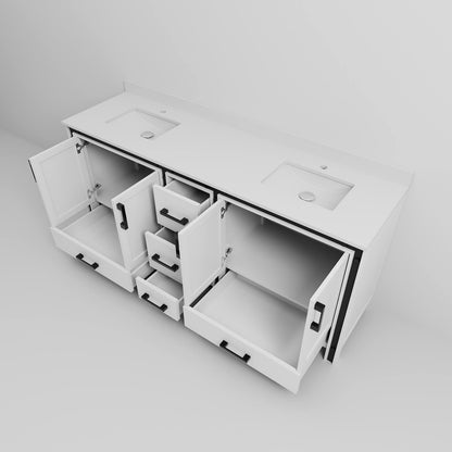 Modern white double sink vanity with spacious storage and ceramic undermount sinks