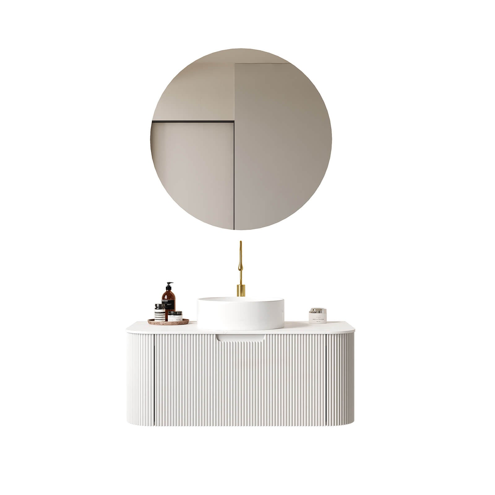 Modern white floating bathroom vanity with round ceramic vessel sink and marble countertop