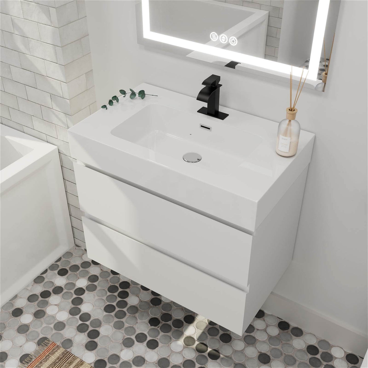 Modern white wall hung bathroom vanity with scratch resistant finish and soft close drawers