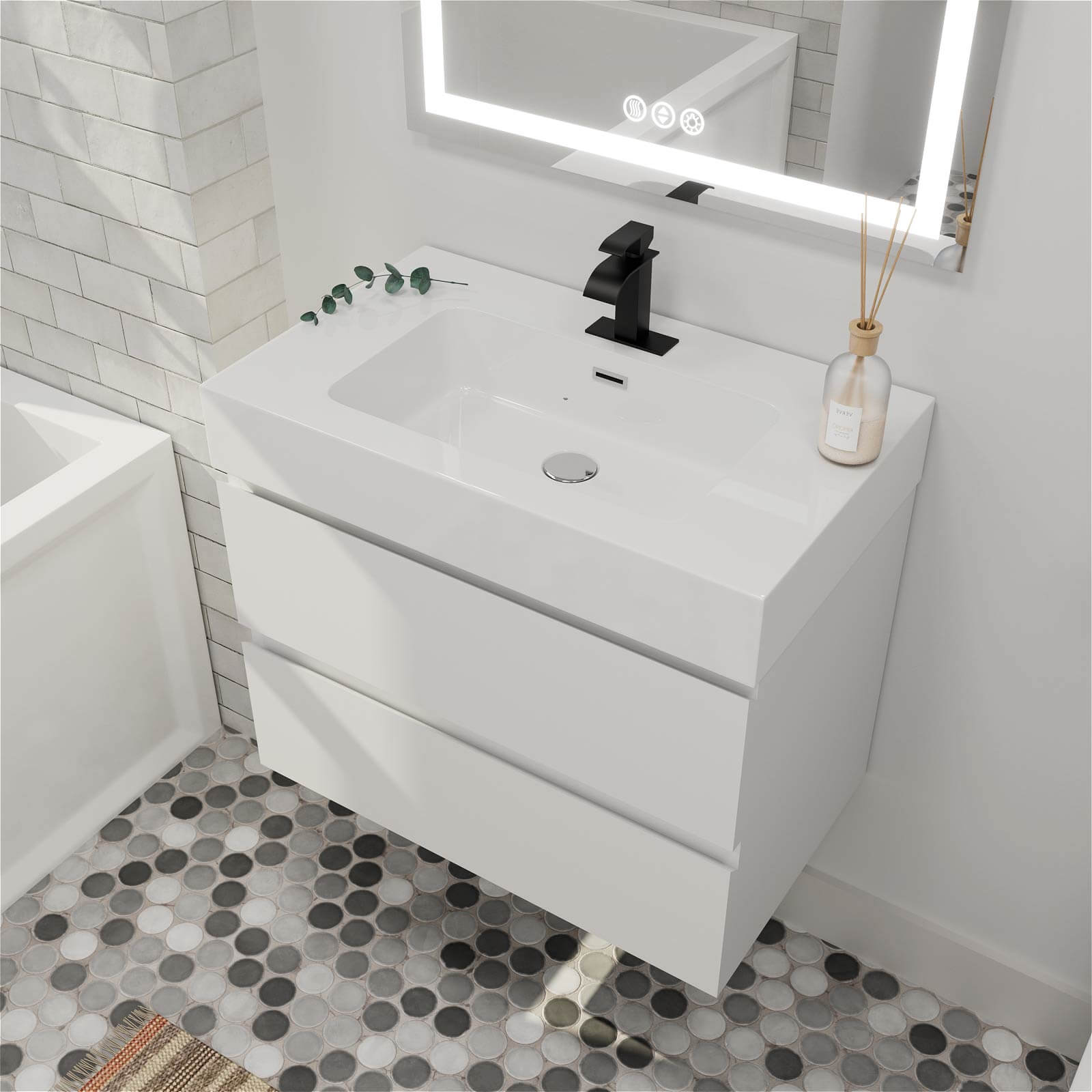 Modern white wall hung bathroom vanity with scratch resistant finish and soft close drawers