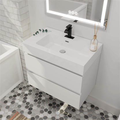 Modern white wall hung bathroom vanity with scratch resistant finish and soft close drawers