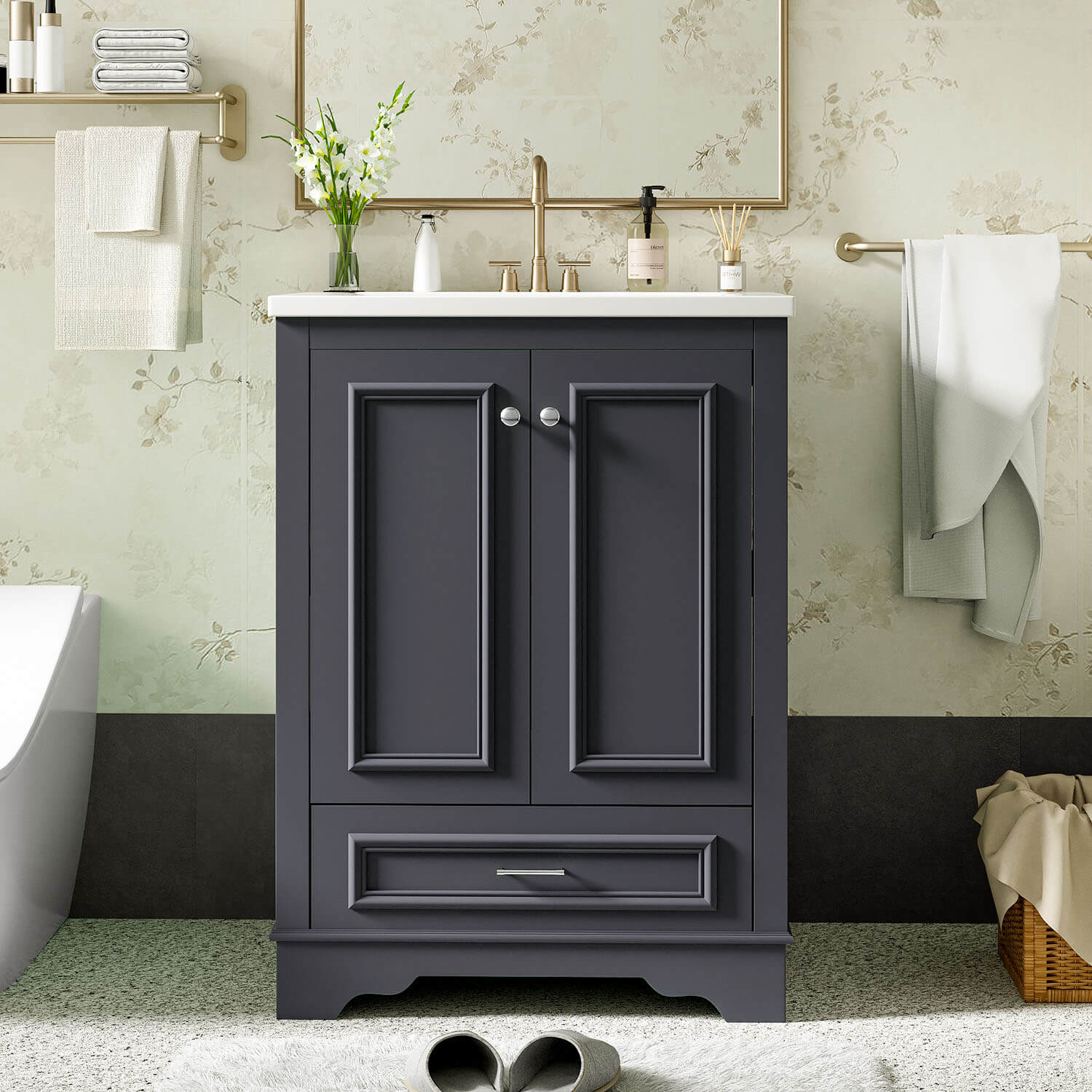 Modern 24 inch Gray Bathroom Vanity with Integrated Ceramic Sink