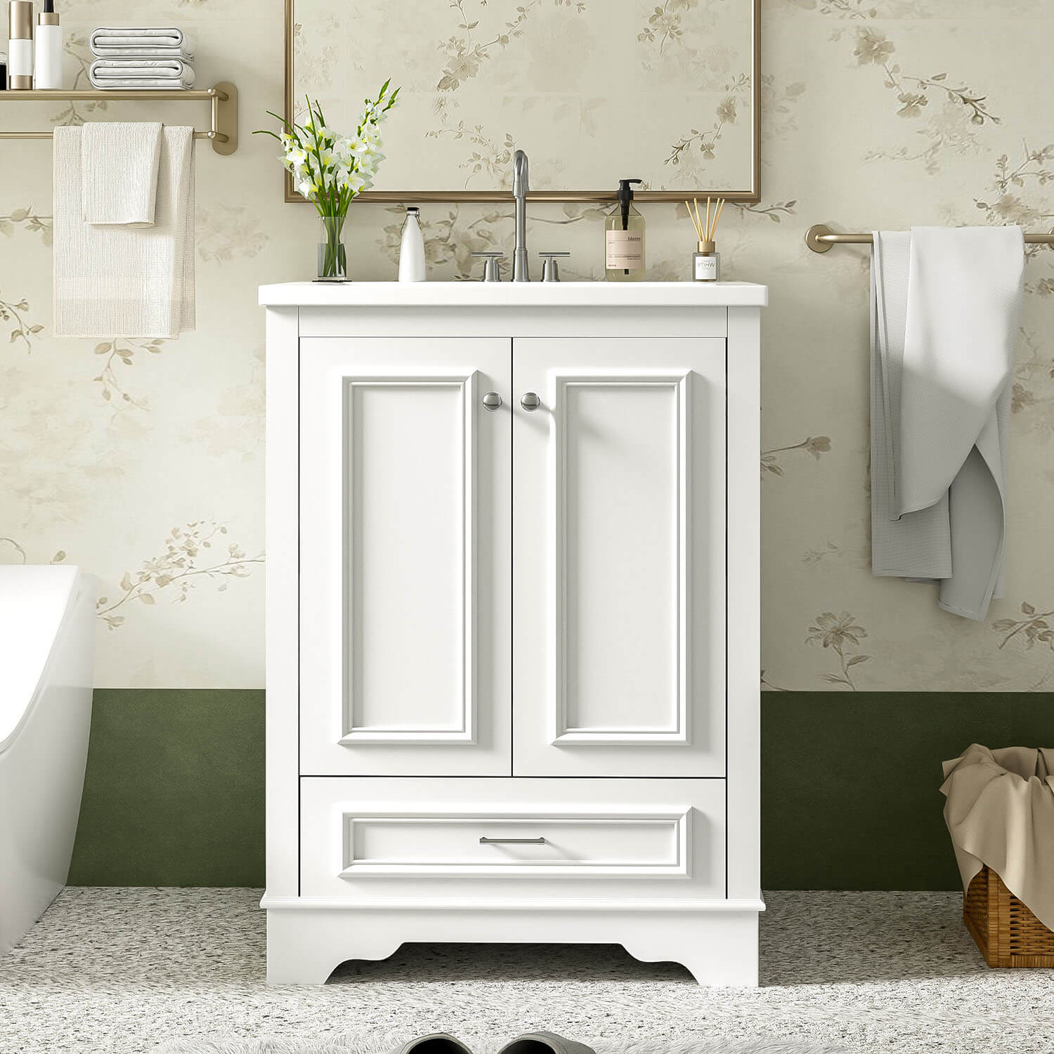Modern 24 inch White Bathroom Vanity with Integrated Ceramic Sink