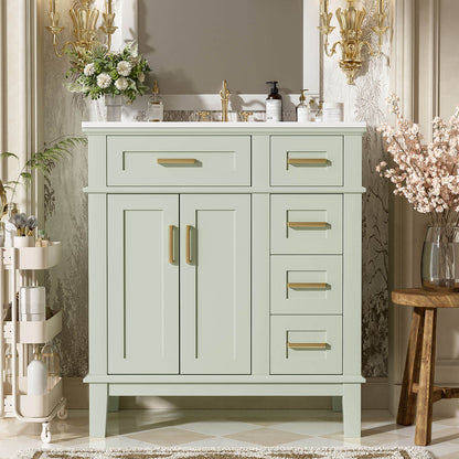 Modern 30 inch Green Solid Wood Bathroom Storage Vanity with Ceramic Sink