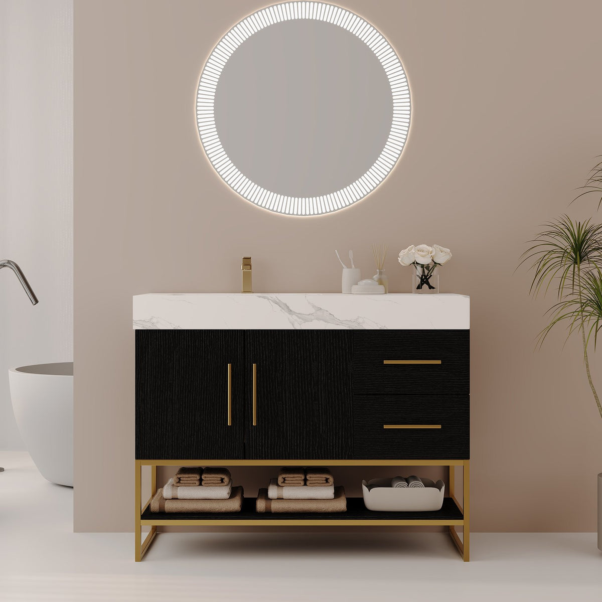 Modern 36 inch Black Bathroom Vanity Left Side Ceramic Sink Round LED Light Mirror