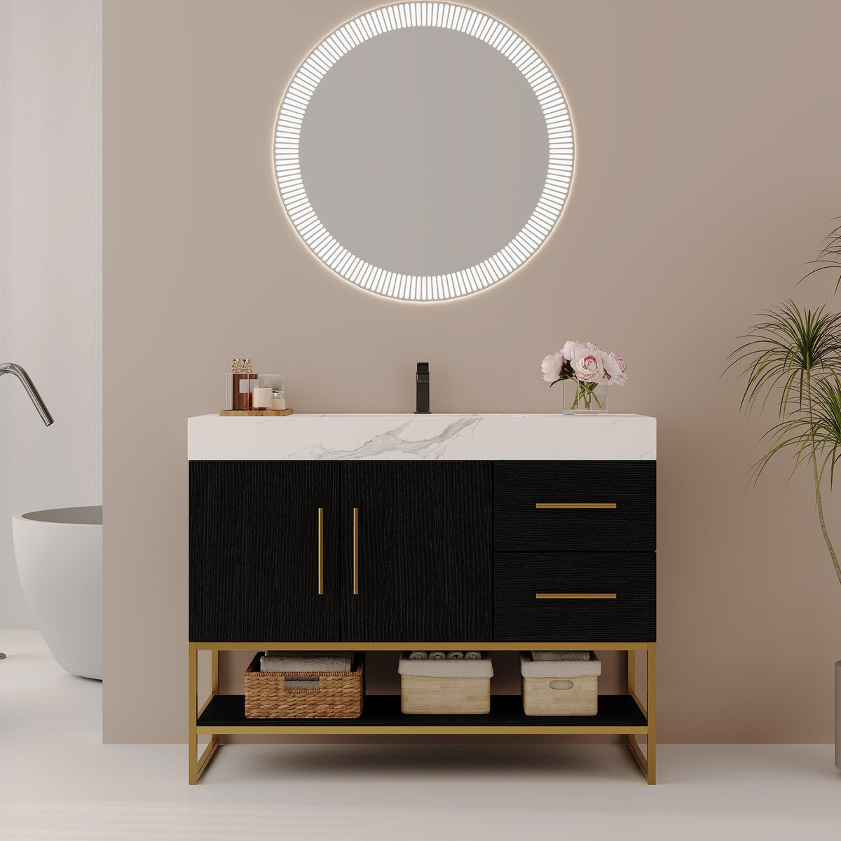 Modern 36 inch Black Single Sink Bathroom Vanity Gold Metal Base Open Shelf Bathroom Scene   