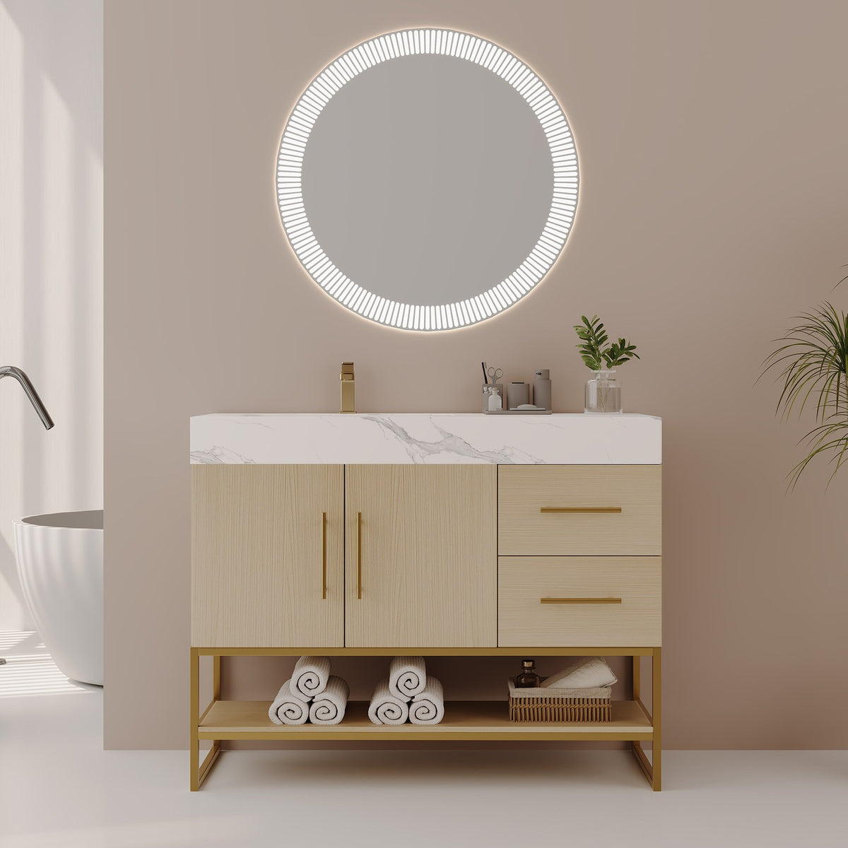Modern 36 inch Light Oak Single Sink Bathroom Vanity Left Offset Sink Room Scene