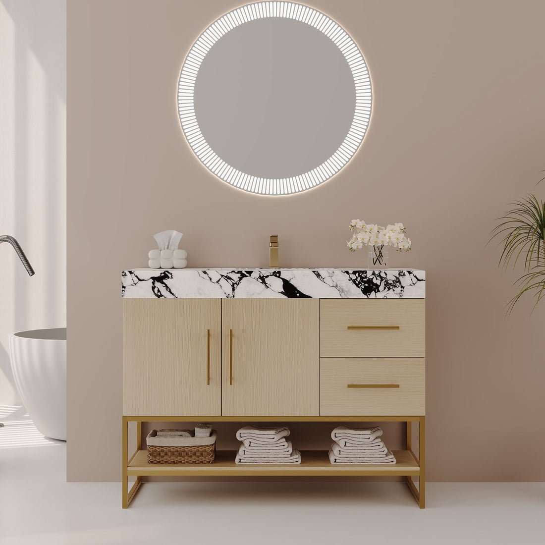 Modern 36 inch White Oak Single Sink Vanity Gold Frame Base Full Bathroom Setting Scene View