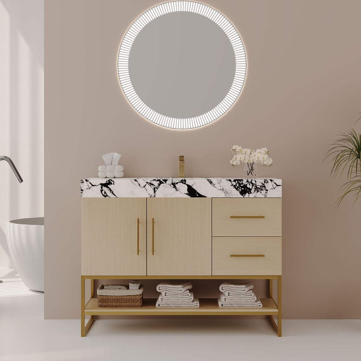 Modern 36 inch White Oak Single Sink Vanity Gold Frame Base Full Bathroom Setting Scene View