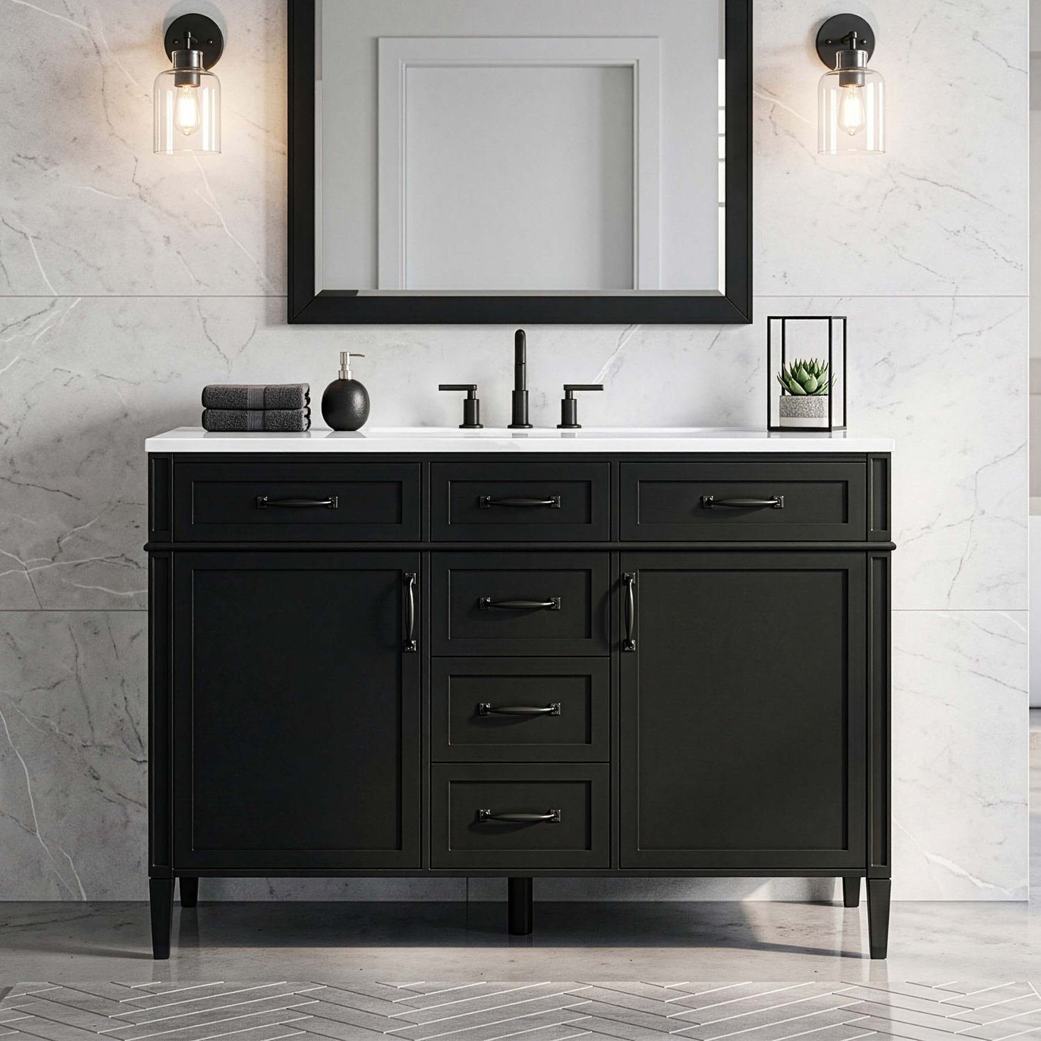 Modern 48 Inch Freestanding Bathroom Vanity White Composite Sink Straight View