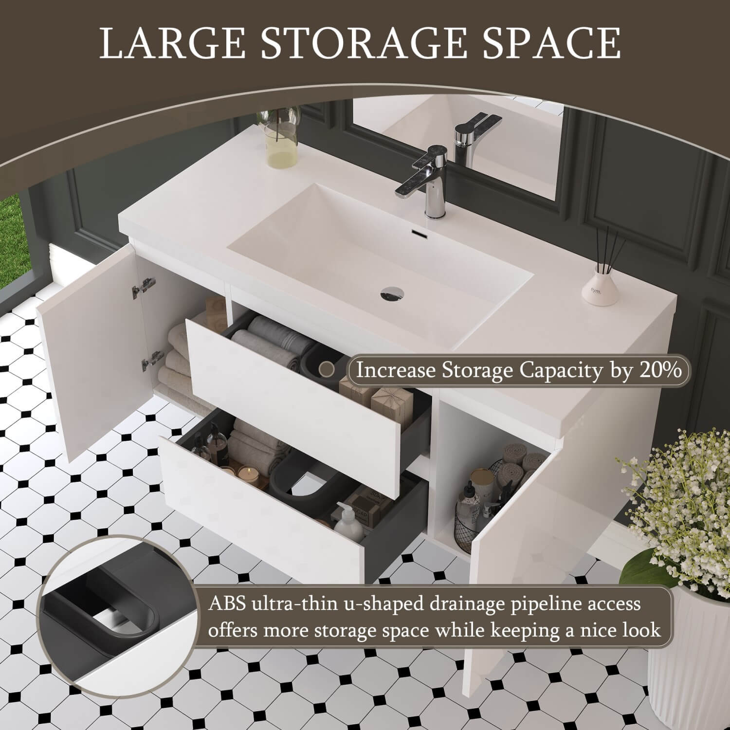 Modern 48 Inch Wall Mounted Floating Vanity Large Storage Space Capacity