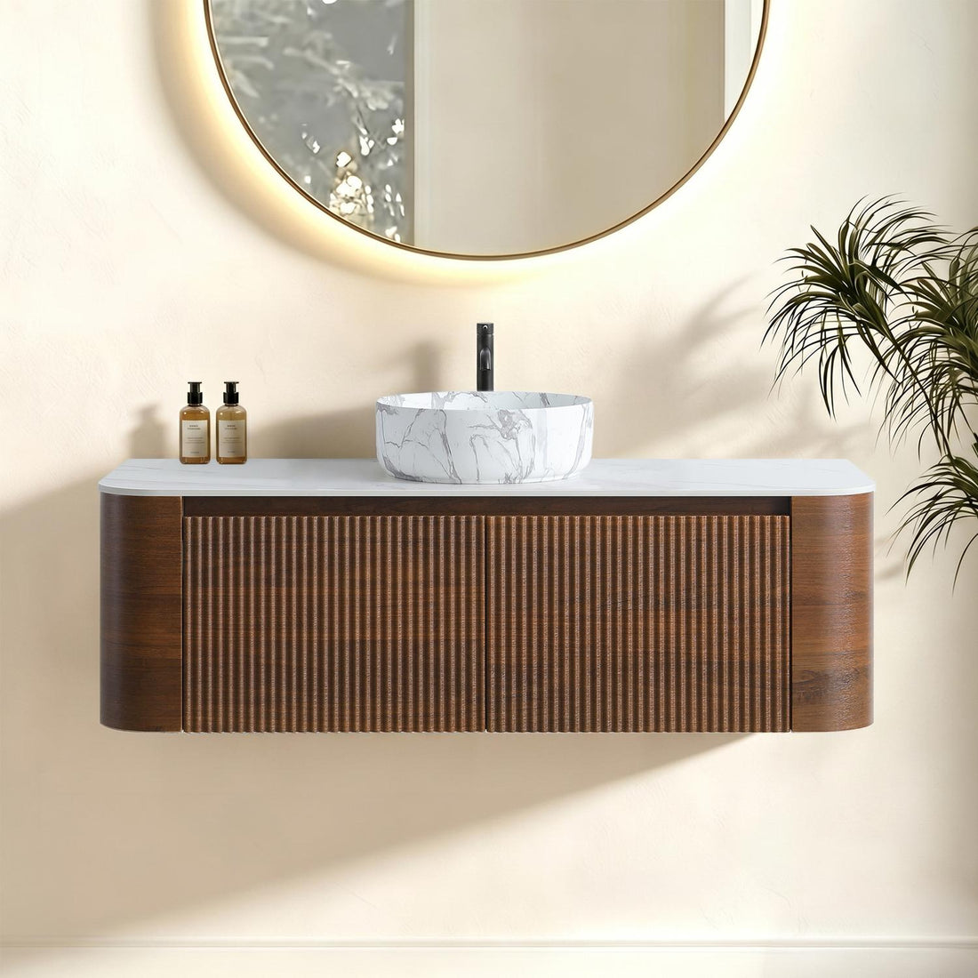 Modern 48 inch Floating Wood Bathroom Vanity Marble Pattern Ceramic Sink Scene Setup