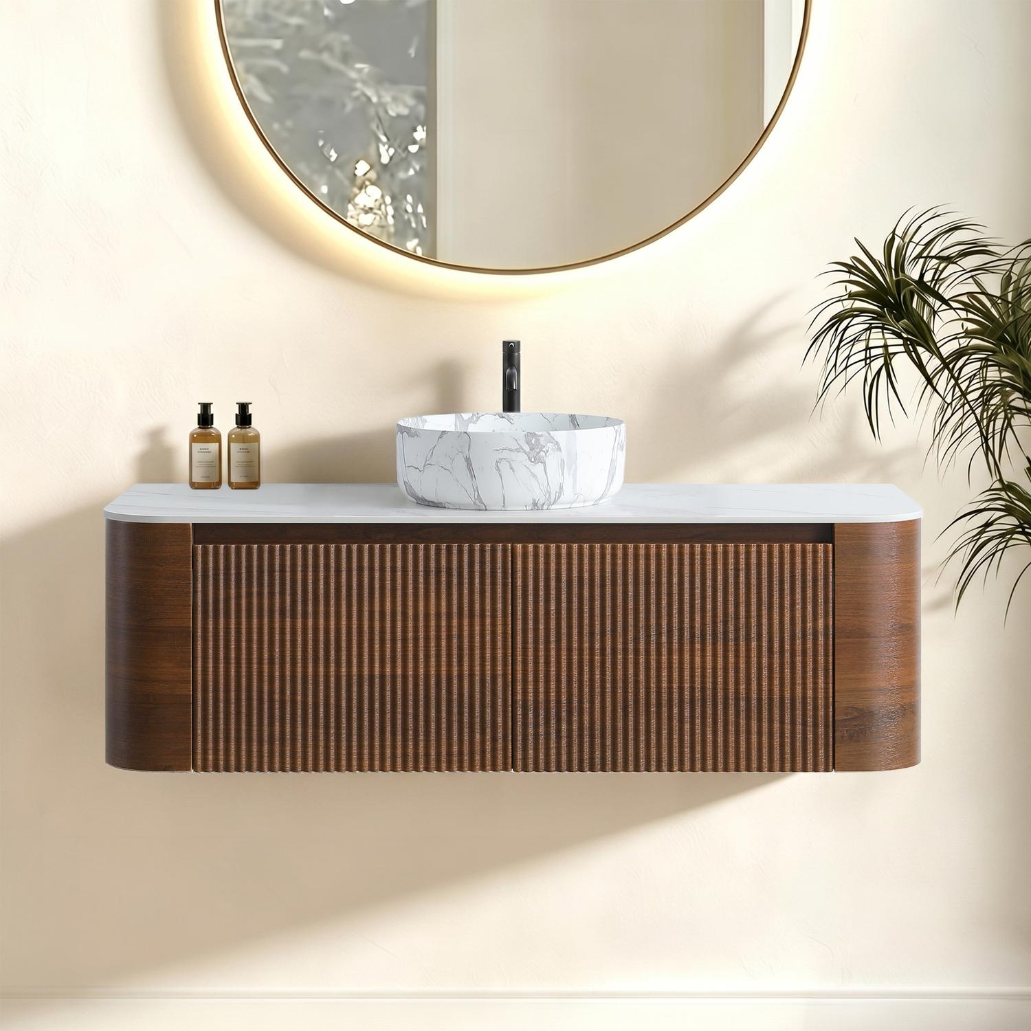 Modern 48 inch Floating Wood Bathroom Vanity Marble Pattern Ceramic Sink Scene Setup